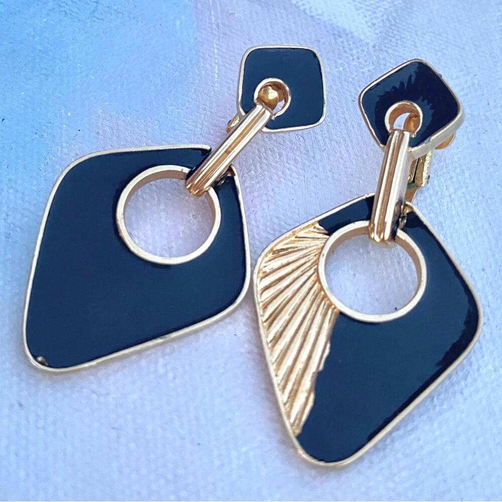 Rare VTG Joseph Mazer Black Enamel Gold Tone ClipOn Earrings